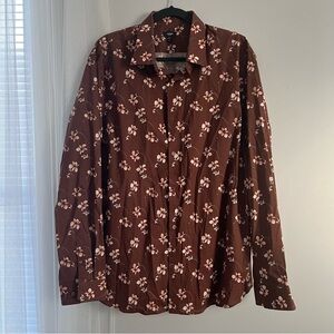 Express Brown and Pink Casual Button Down Shirt with Floral Pattern